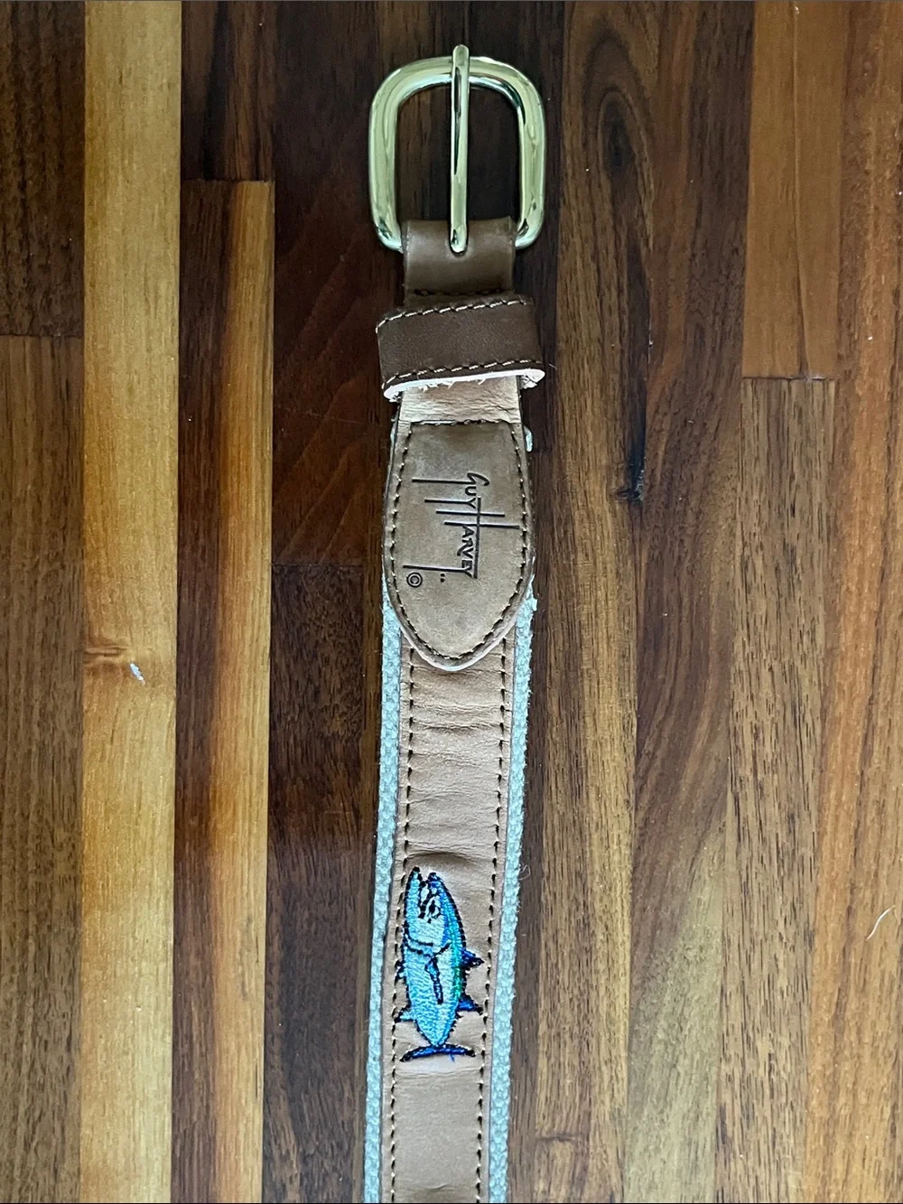 Guy Harvey Tuna Embroidered Leather Belt Sz 38 Solid Brass Fishing